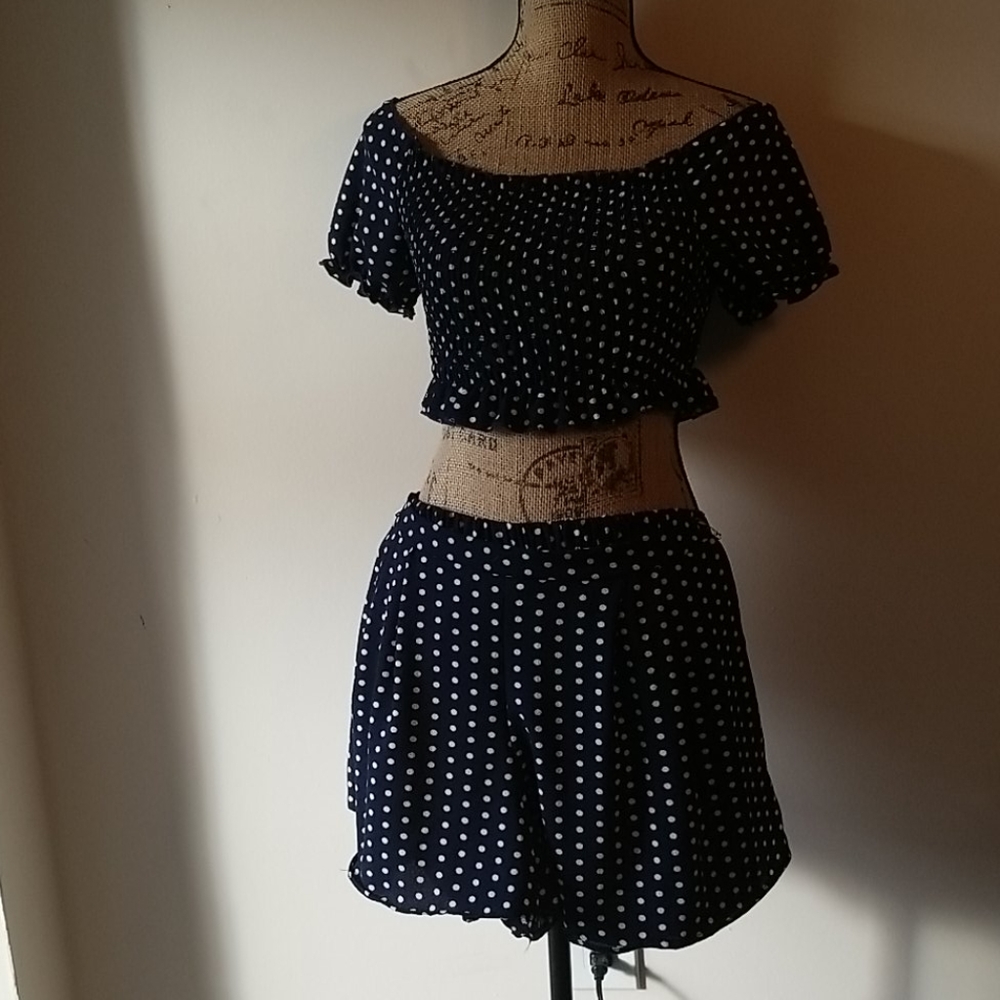 Navy/White Polka Dot Crop Top & Short Set NWOT